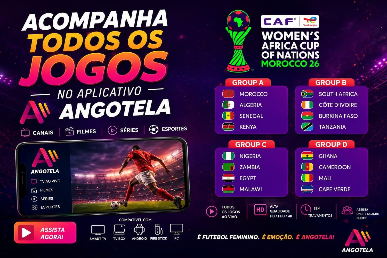 Cartaz Angotela: todos os jogos do CAN Feminino Marrocos 2026