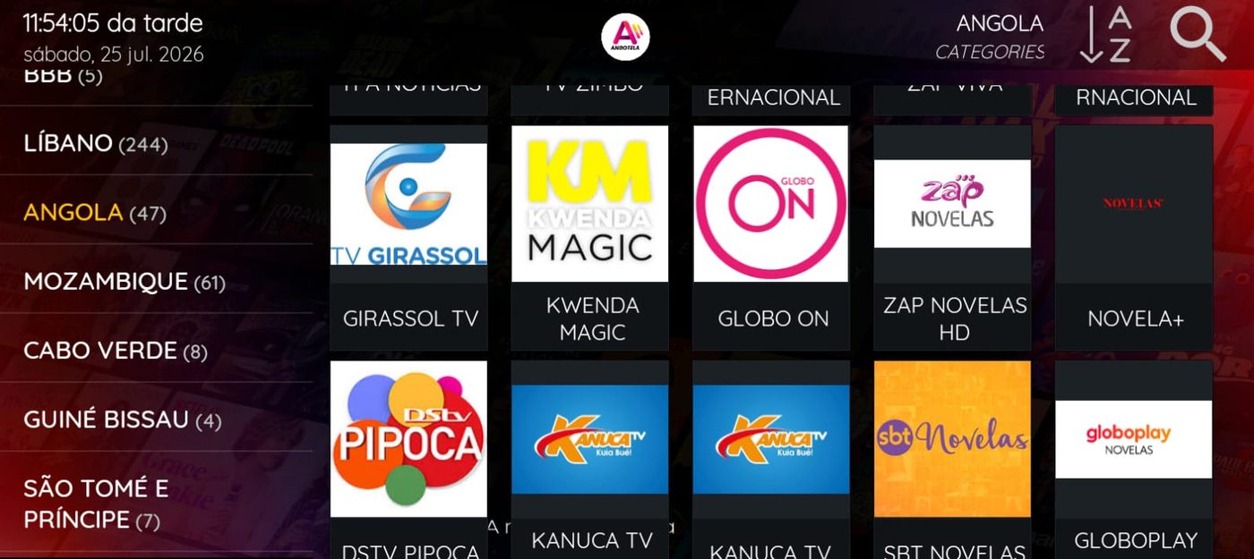 Ecrã da aplicação com canais de Angola: TV Girassol, Kwenda Magic, Globo On, ZAP Novelas