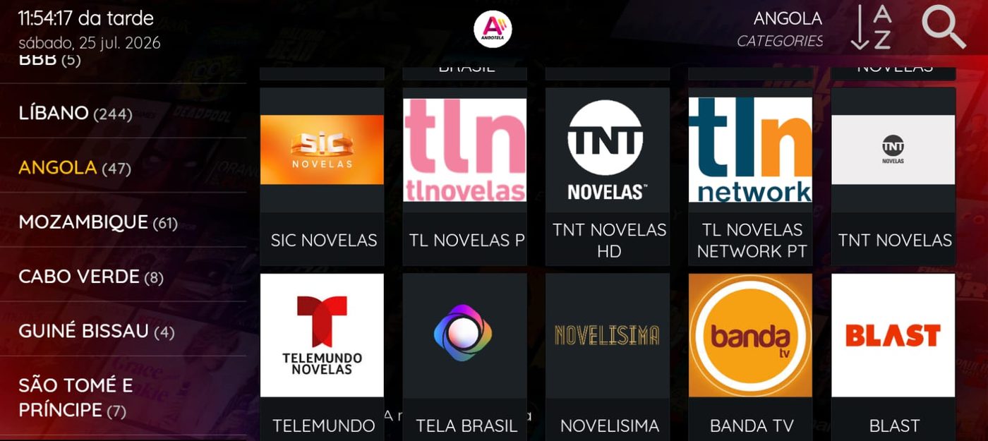 Ecrã da aplicação com canais de novelas: SIC Novelas, TL Novelas, TNT Novelas, Telemundo