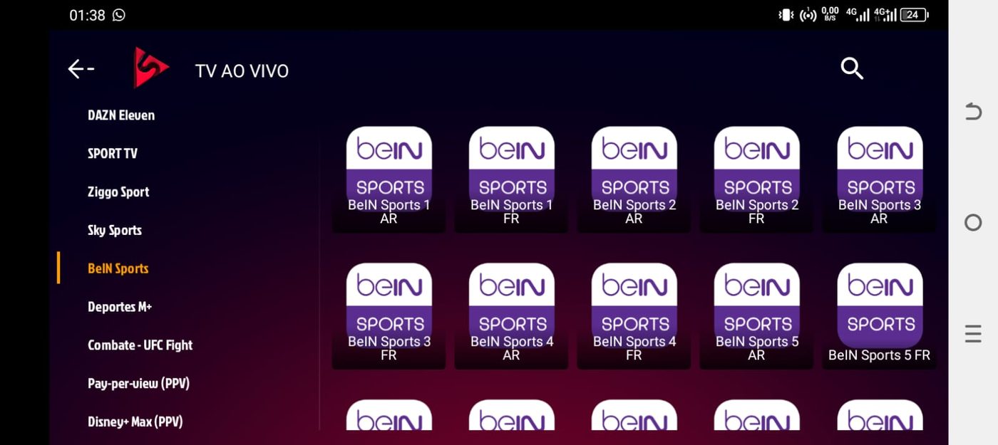 Ecrã do XCloudTV/SSTV com os canais BeIN Sports