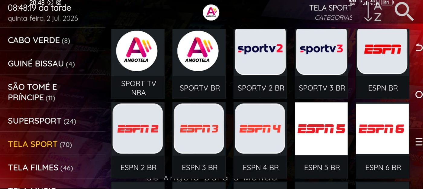 Ecrã da aplicação com canais de desporto: Sport TV, SporTV 2 e 3, ESPN 1 a 6