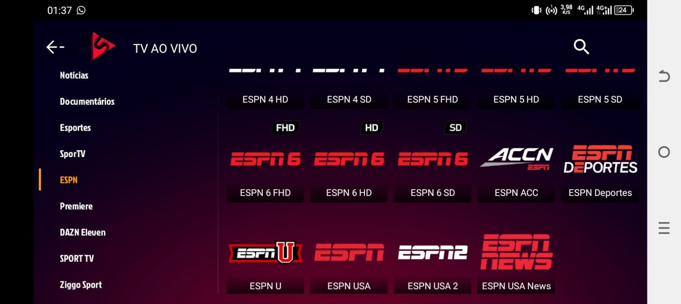 Ecrã do XCloudTV/SSTV com os canais ESPN