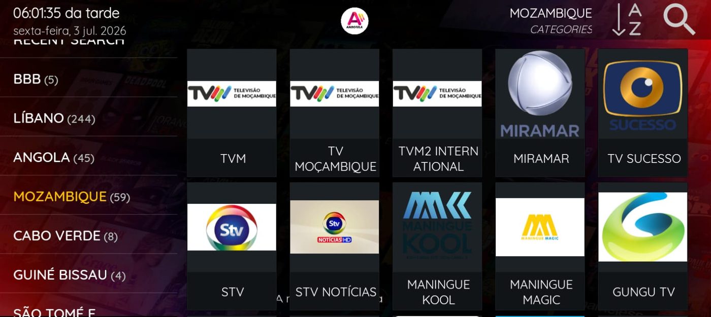 Ecrã da aplicação com canais de Moçambique: TVM, STV, Miramar, Maningue Kool