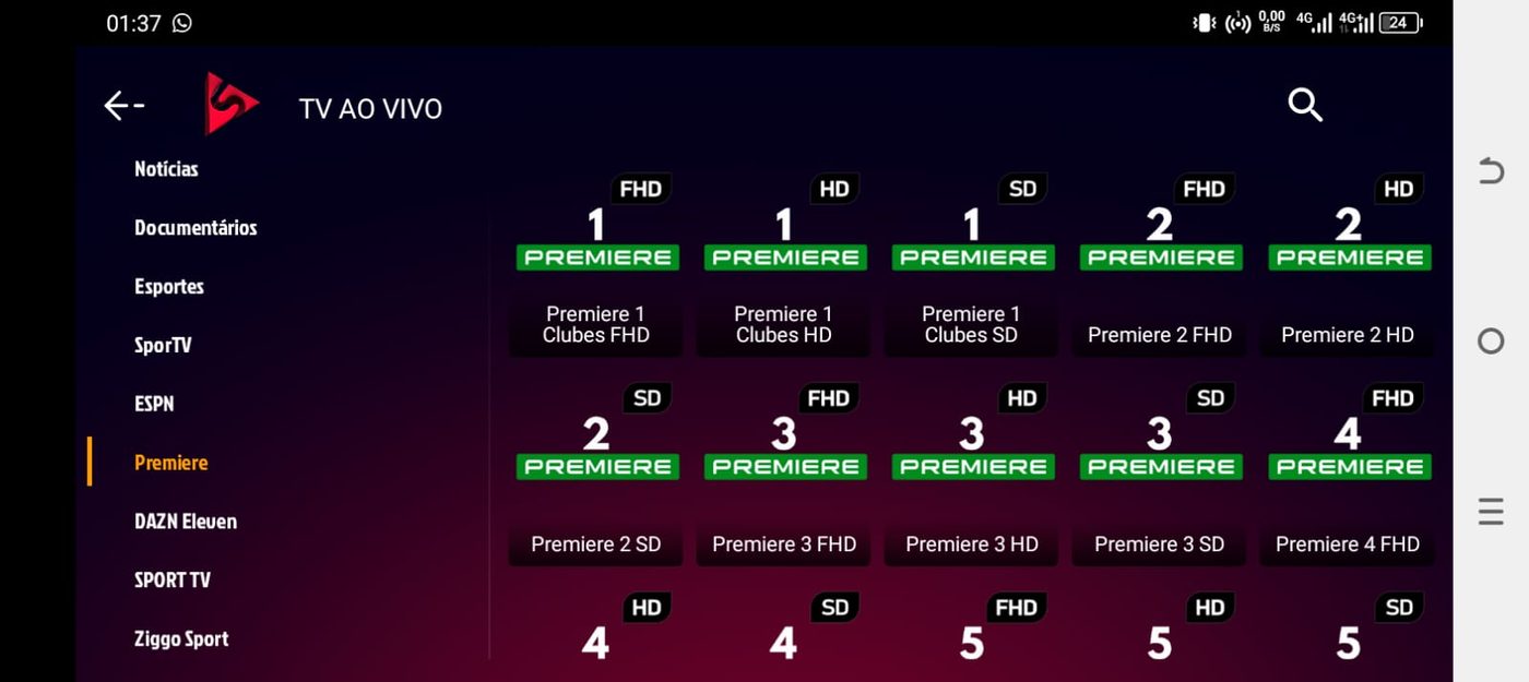 Ecrã do XCloudTV/SSTV com os canais Premiere 1 a 8