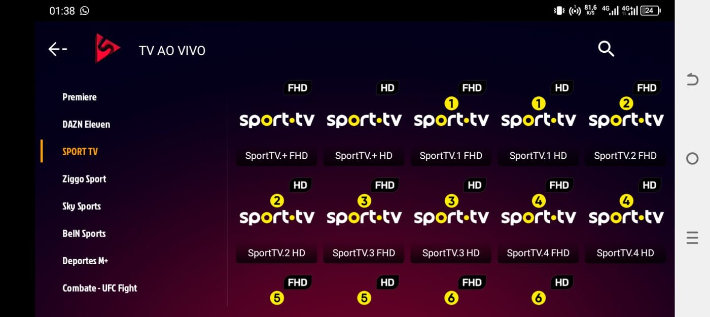 Ecrã do XCloudTV/SSTV com os canais Sport TV de Portugal