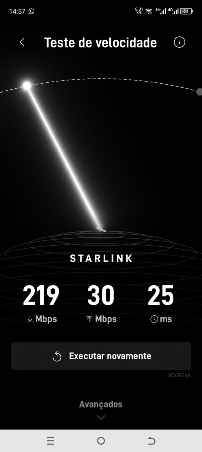 Teste de velocidade Starlink: 219 Mbps de download, 30 de upload e 25 ms