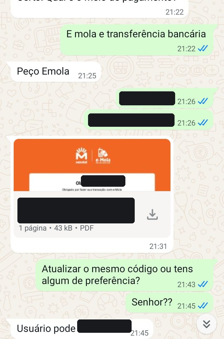 Pagamento por e-Mola e renovação de conta, com dados pessoais censurados