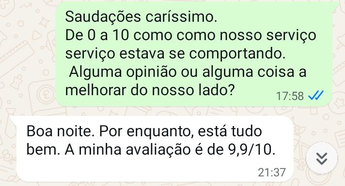 Cliente avalia o serviço com 9,9 em 10